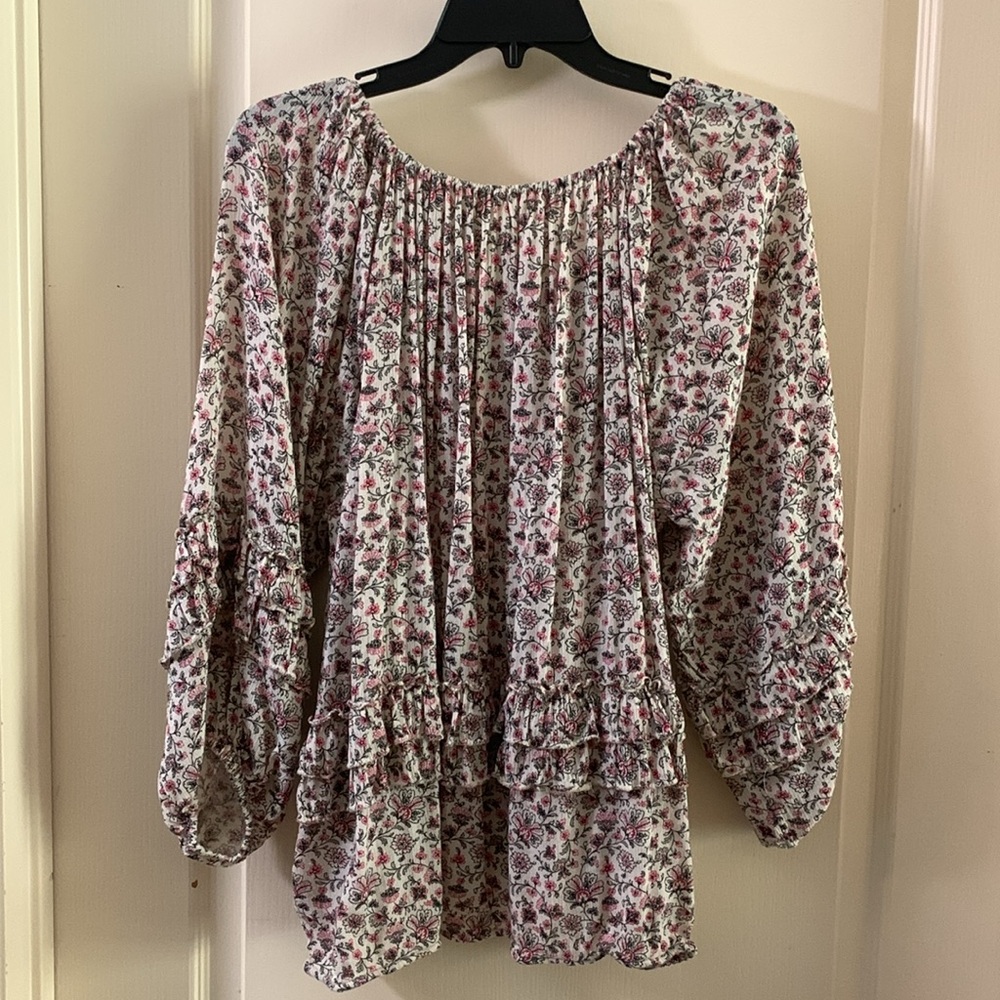 Ralph Lauren Pink, Black and White Cuffed Sleeve Blouse Relaxed Tiered Smocked - Picture 3 of 9